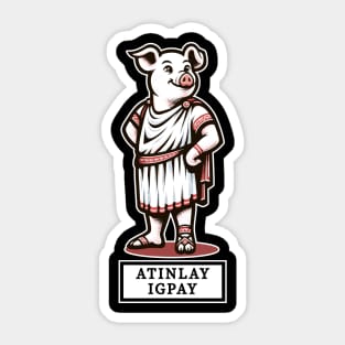 Latin Pig in Toga Cartoon T-Shirt, Funny Pig Latin Phrase Tee, Novelty Graphic Shirt, for Pig and Pig Latin Enthusiasts Sticker